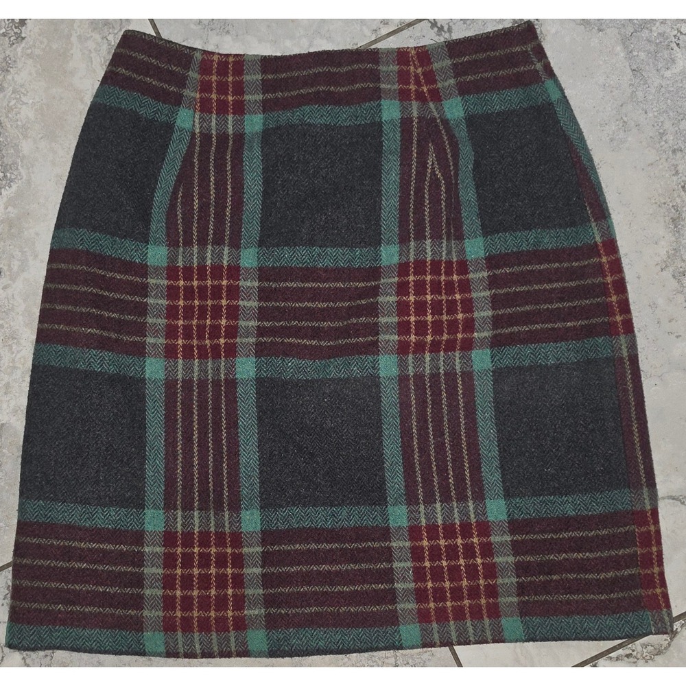 Vtg New York Style Plaid Wool Blend Pencil Skirt Made in Italy Gray Teal Red 4